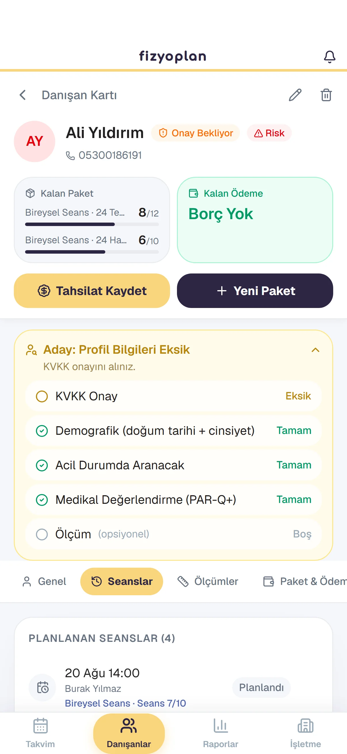 Danışan bilgi kartı ve KVKK Onayı ekranı