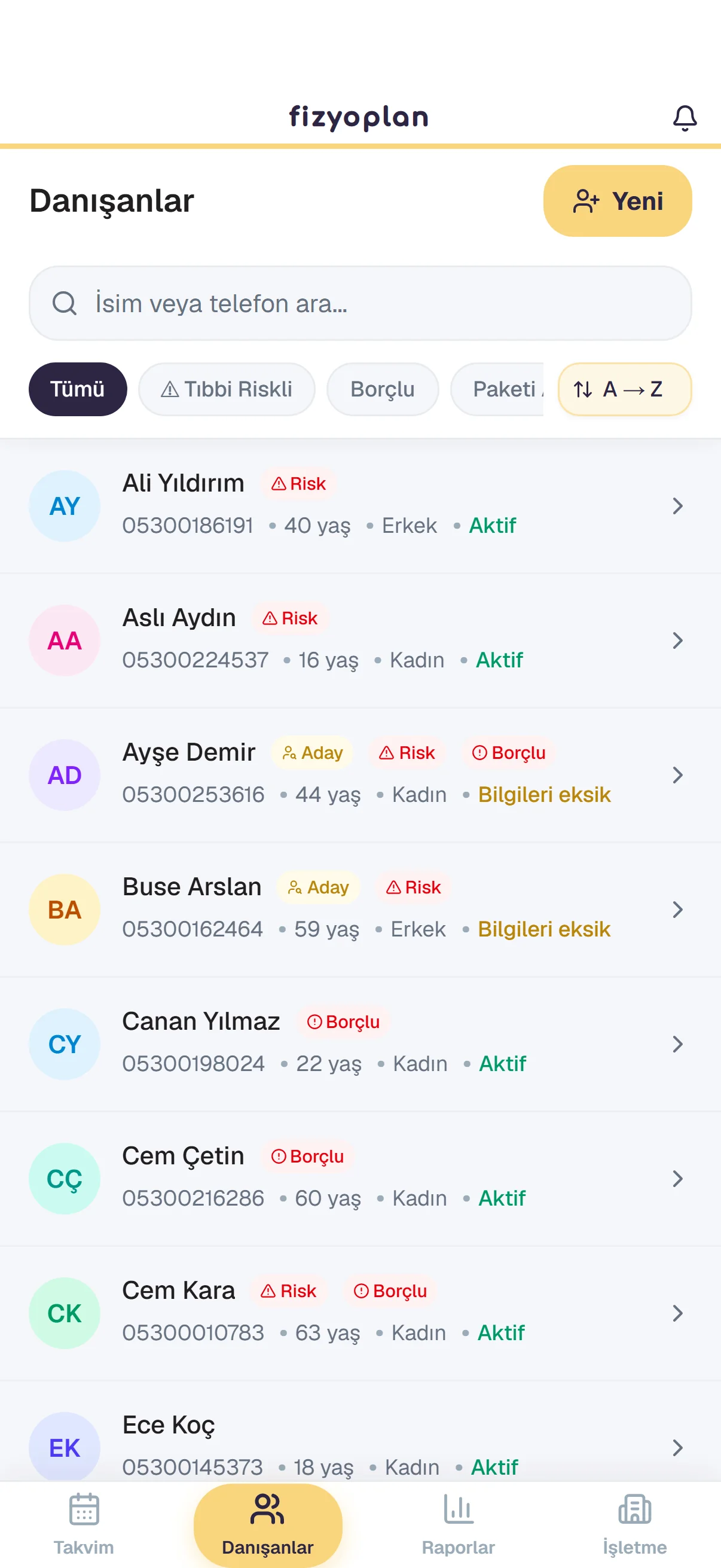 Danışan Listesi ekranı