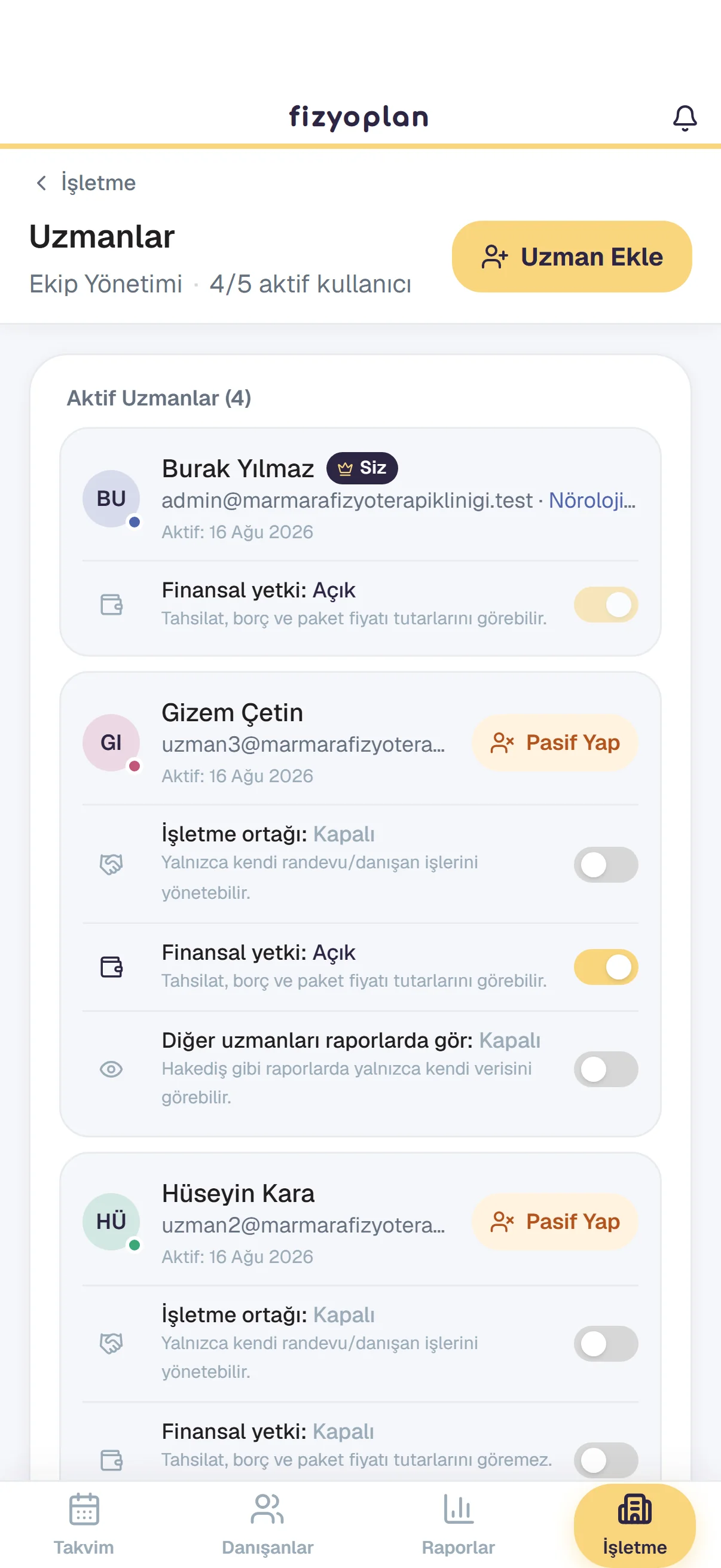 Ekip yönetimi* ekranı