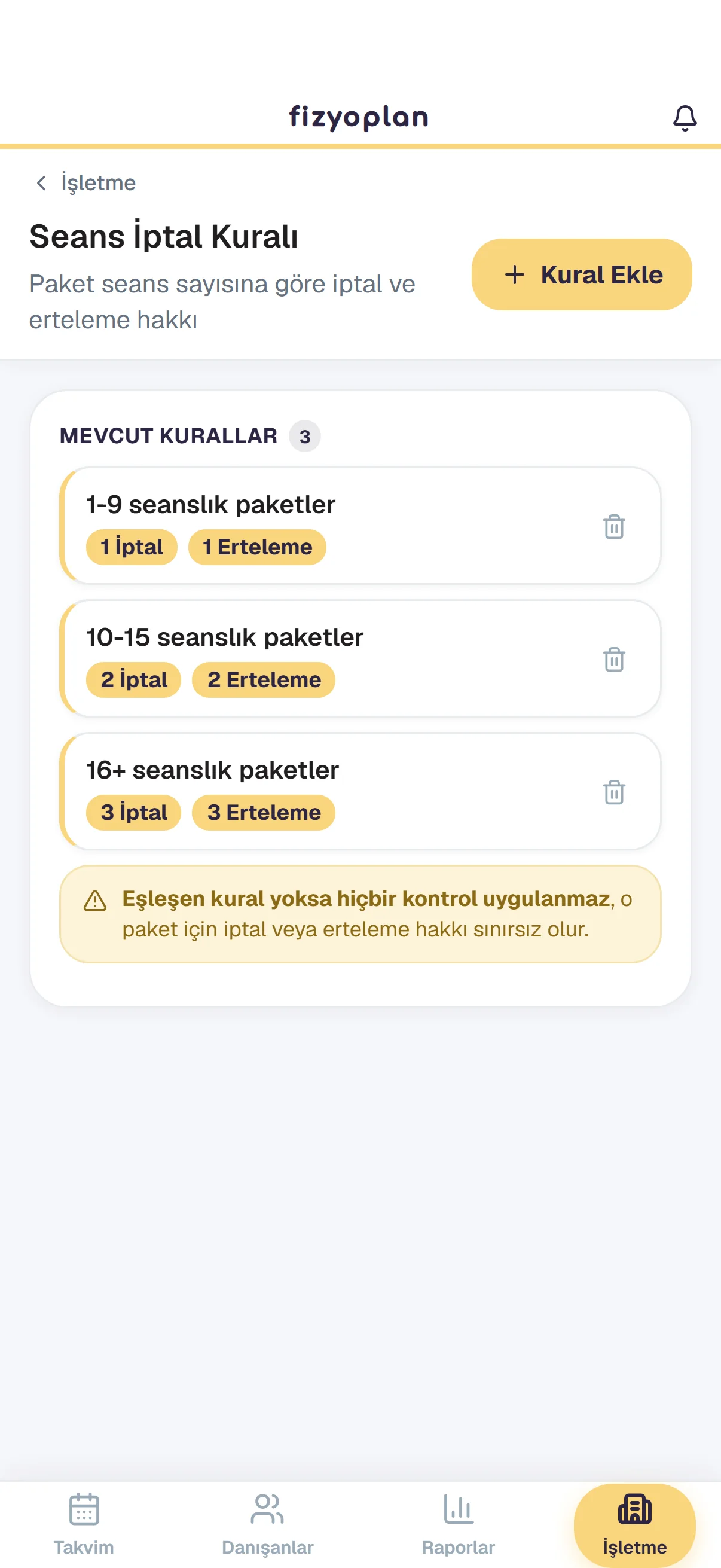 Özelleştirilmiş Seans İptal ve Erteleme Takibi ekranı