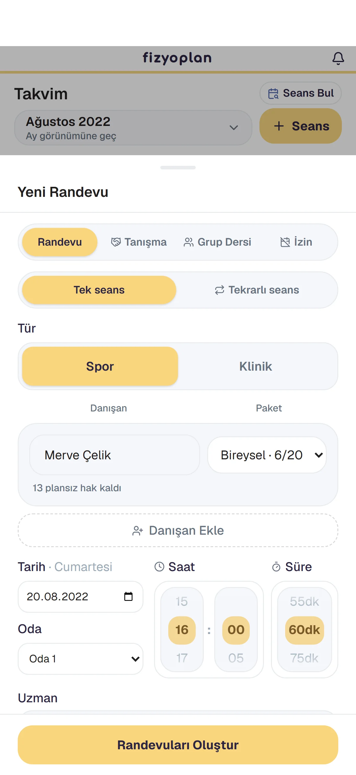 Detaylı Seans planlama ekranı